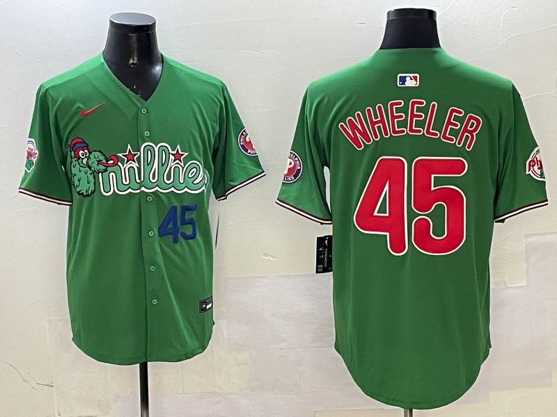 Men Philadelphia Phillies 45 Wheeler Green Three generations Joint Name Game 2025 Nike MLB Jersey style 3